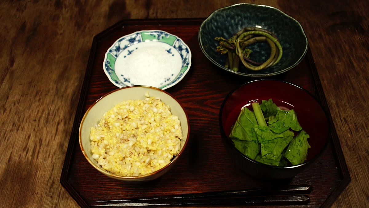 膳に並んだ五日目の朝食。玄米と雑穀の粥、蕨の塩ゆで、青菜の汁もの、塩の小皿